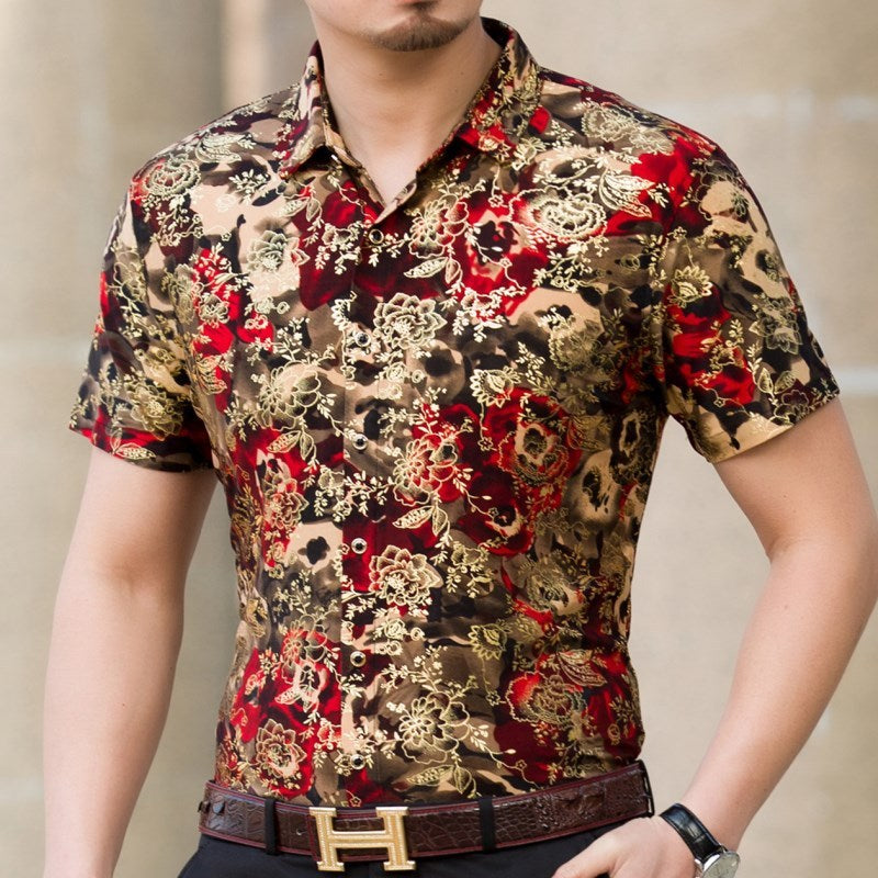Chemise d'été imprimée à manches courtes pour homme d'âge moyen, en soie glacée extensible, pour loisirs