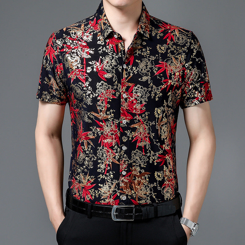 Chemise d'été imprimée à manches courtes pour homme d'âge moyen, en soie glacée extensible, pour loisirs