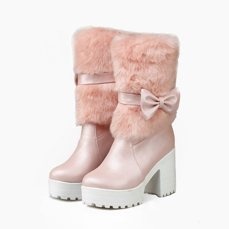 Bottes de neige à talon épais et nœud pour femme