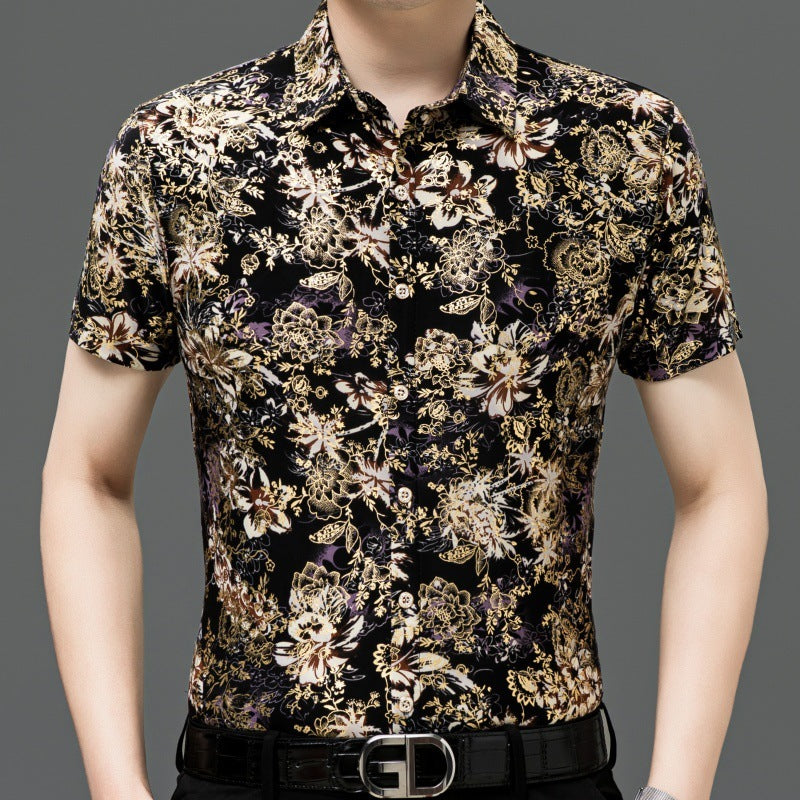 Chemise d'été imprimée à manches courtes pour homme d'âge moyen, en soie glacée extensible, pour loisirs