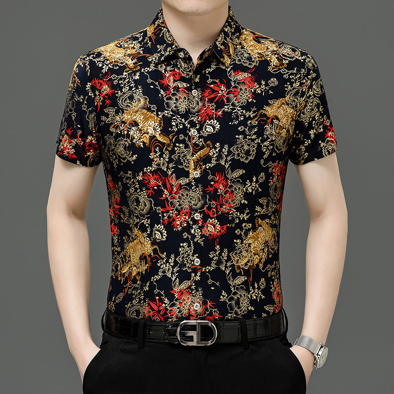 Chemise d'été imprimée à manches courtes pour homme d'âge moyen, en soie glacée extensible, pour loisirs