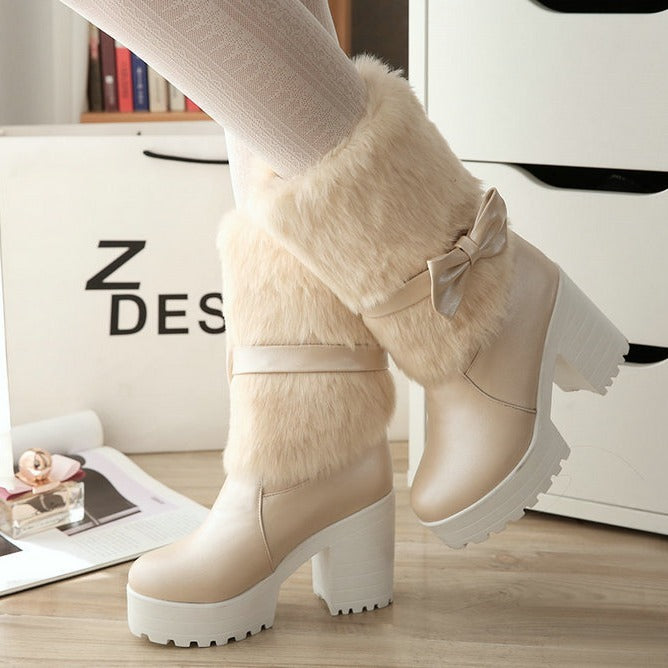 Bottes de neige à talon épais et nœud pour femme