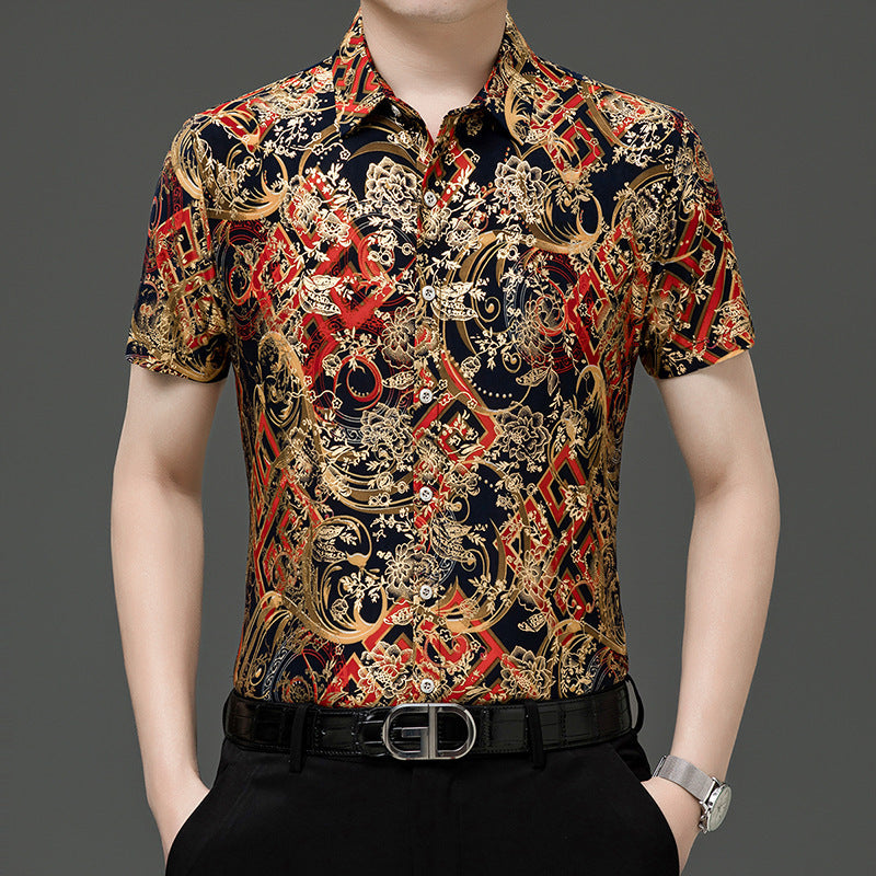 Chemise d'été imprimée à manches courtes pour homme d'âge moyen, en soie glacée extensible, pour loisirs