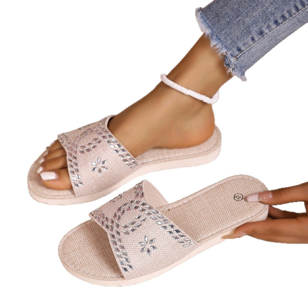 Sandales décontractées à bout rond en toile et strass, grande taille