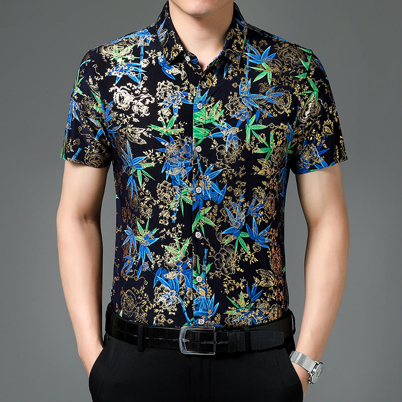 Chemise d'été imprimée à manches courtes pour homme d'âge moyen, en soie glacée extensible, pour loisirs