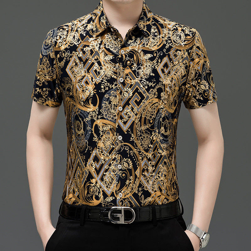 Chemise d'été imprimée à manches courtes pour homme d'âge moyen, en soie glacée extensible, pour loisirs