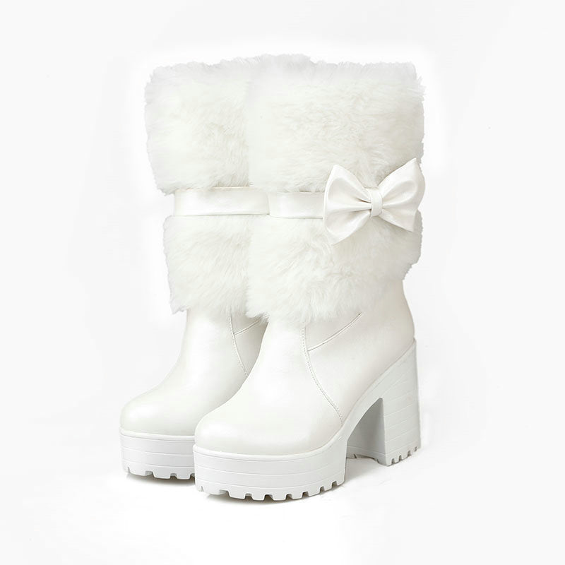Bottes de neige à talon épais et nœud pour femme