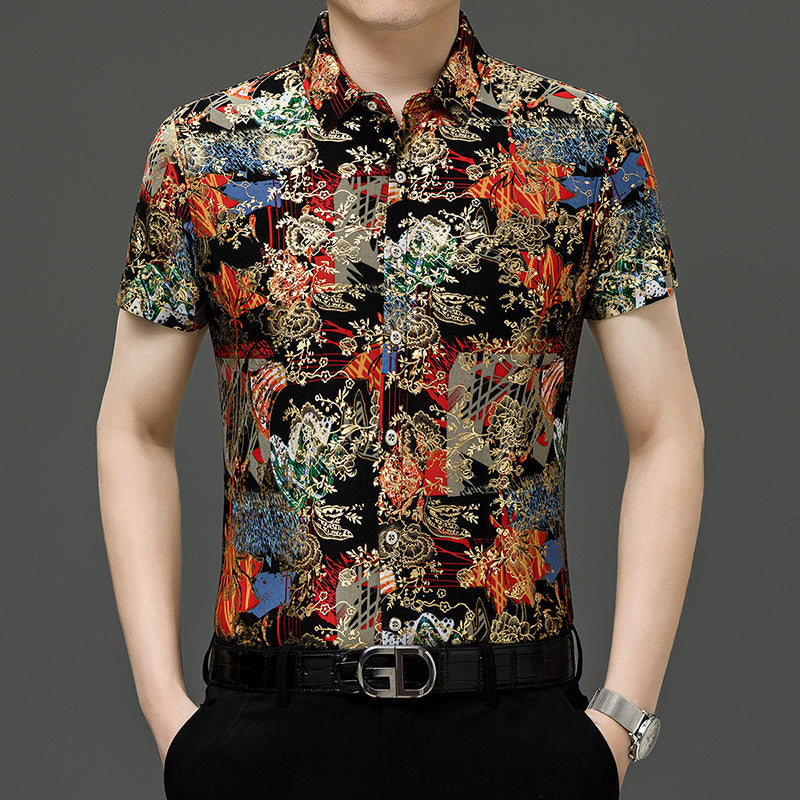 Chemise d'été imprimée à manches courtes pour homme d'âge moyen, en soie glacée extensible, pour loisirs