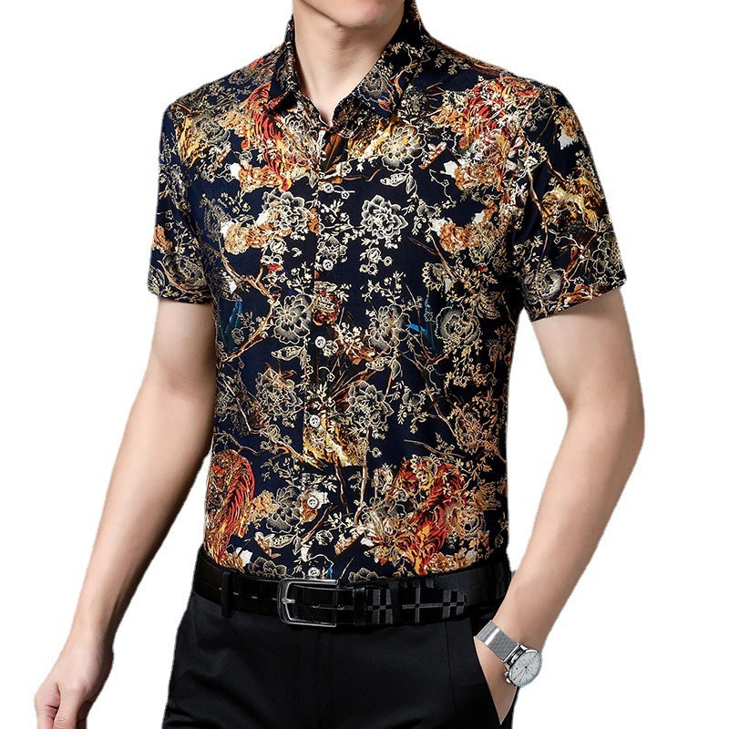 Chemise d'été imprimée à manches courtes pour homme d'âge moyen, en soie glacée extensible, pour loisirs