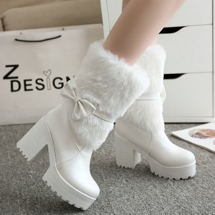 Bottes de neige à talon épais et nœud pour femme