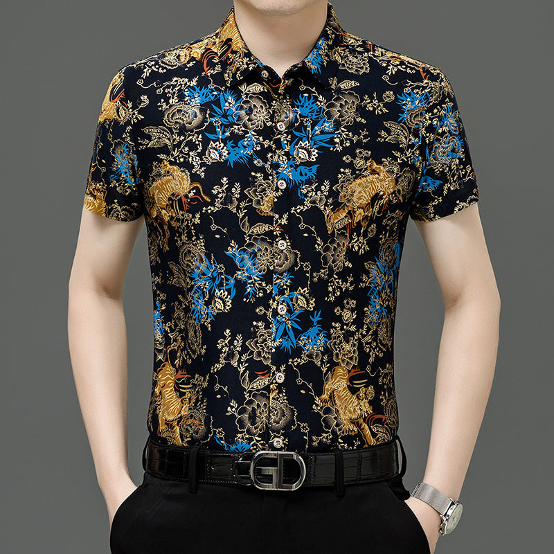 Chemise d'été imprimée à manches courtes pour homme d'âge moyen, en soie glacée extensible, pour loisirs