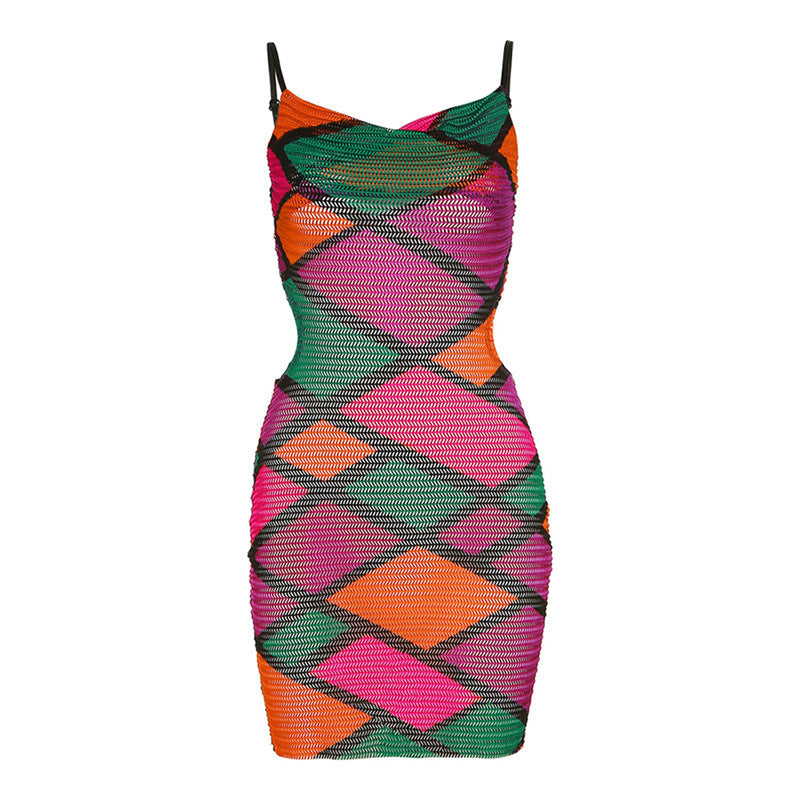 Robe fourreau sexy dos nu en résille à bretelles