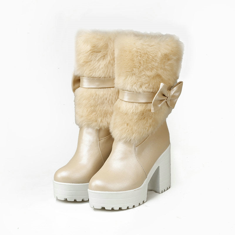 Bottes de neige à talon épais et nœud pour femme