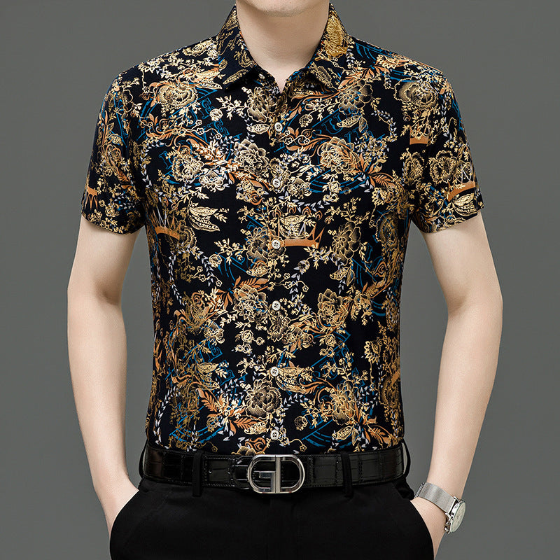 Chemise d'été imprimée à manches courtes pour homme d'âge moyen, en soie glacée extensible, pour loisirs