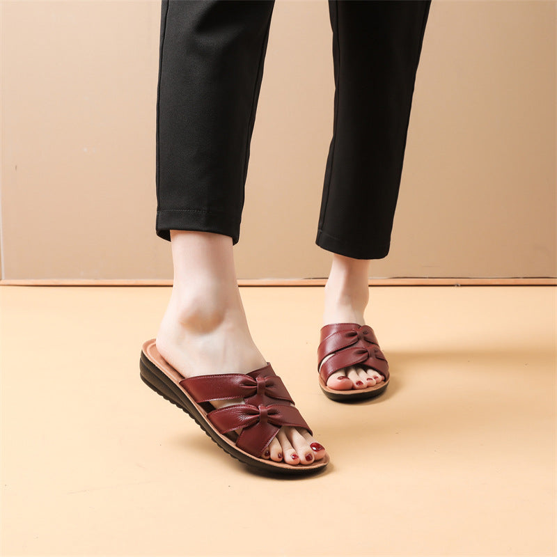 Chaussons en cuir de vachette première couche pour femmes, sandales antidérapantes à semelle souple