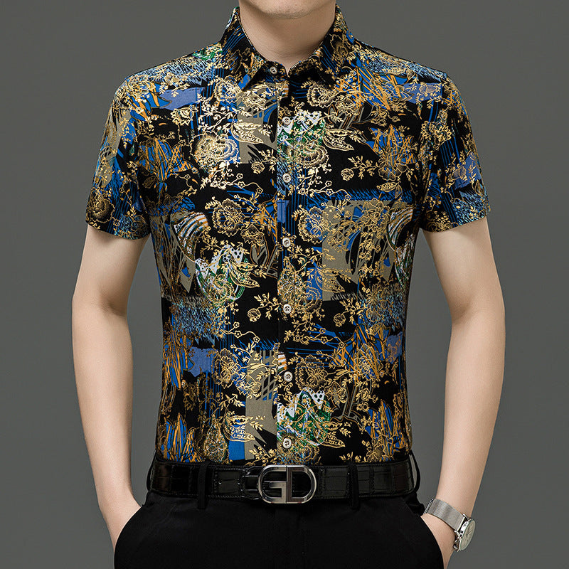 Chemise d'été imprimée à manches courtes pour homme d'âge moyen, en soie glacée extensible, pour loisirs