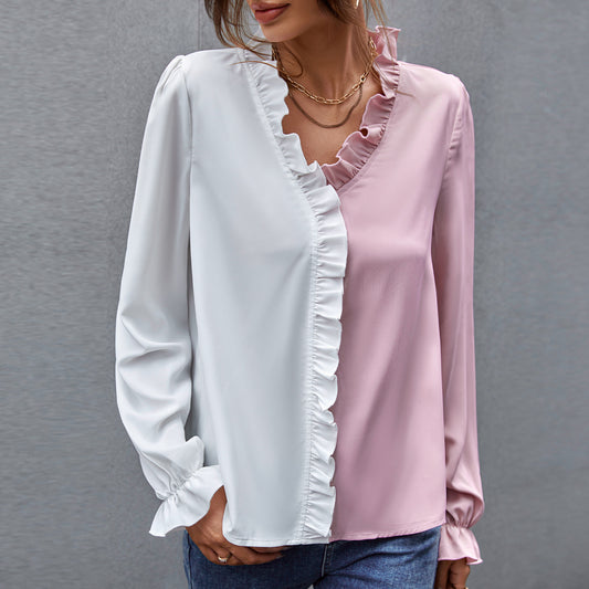Casual Color Matching V-neck Ruffle Shirt Women