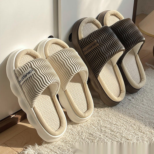 Chaussons en lin quatre saisons pour femmes, semelle épaisse, motif ondulé, antidérapants, respirants, absorbant la transpiration