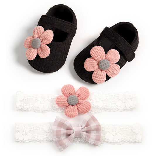 Ensemble 2 pièces de chaussures pour bébé à semelles souples, chaussures pour bébé, chaussures de princesse, bandeau et couvre-chef pour bébé