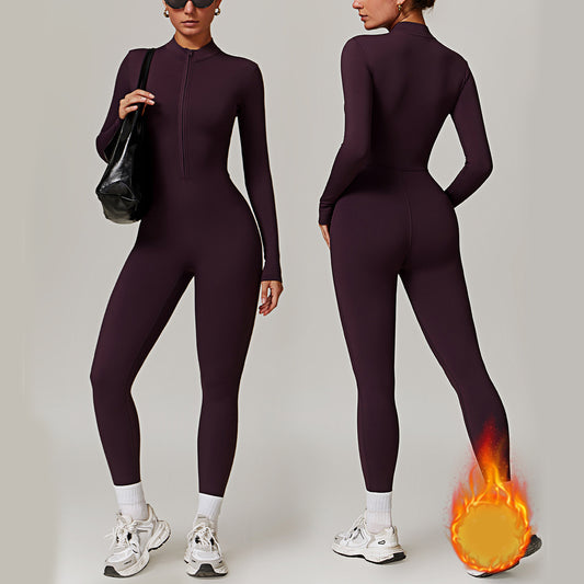 Combinaison chaude à manches longues et fermeture éclair pour yoga, fitness, sport, respirant, vêtements pour femmes