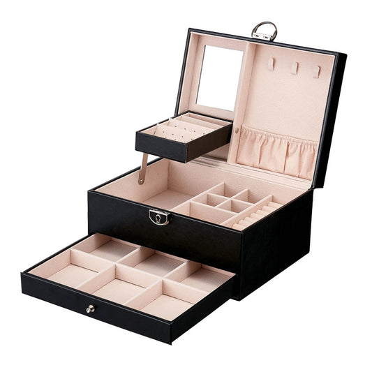 Boîte à bijoux brodée en cuir PU de grande capacité