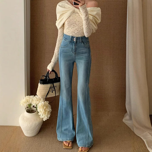 Pantalon slim extensible taille haute à pattes d'éléphant pour femme