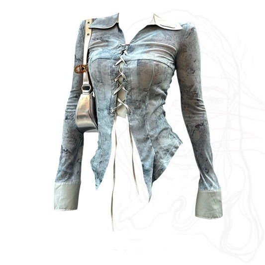Retro Lace-up Shirt For Women Waist-controlled Top
