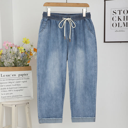 Jean ample à taille élastique et jambes larges, taille extra large, pantalon droit à haute élasticité