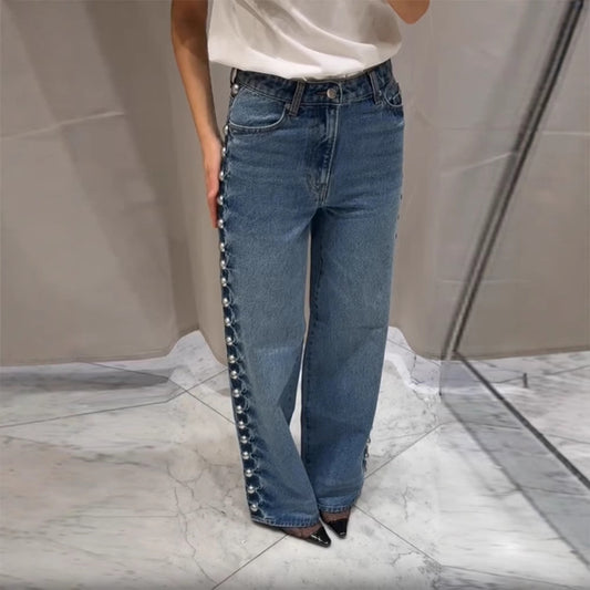 Jeans décoratifs à perles rondes latérales au design rétro pour femmes