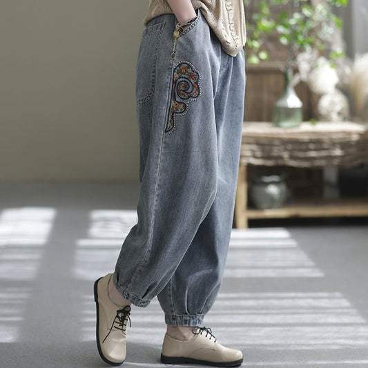 Jean vintage ample grande taille pour femme avec poches imprimées