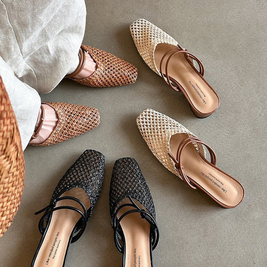 Chaussons d'extérieur à bout carré, style français, ajourés, respirants, rétro, épais, à talon carré