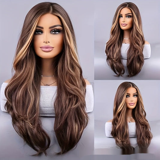 Perruque élégante pour femme de 26 pouces, cheveux longs ondulés, couleur marron mélangée, en fibre synthétique, bonnet en maille rose, usage quotidien