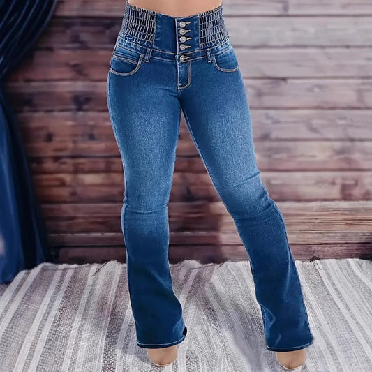 Pantalon en denim extensible à boutons pour femme