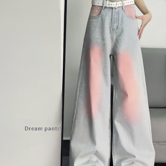 Jean rétro américain grande taille avec strass vieillis